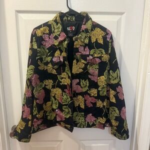 Floral Sequin REDD Jeans Jacket Women's Size 12 Button Up Cotton Cottagecore Art